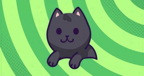 Playful black cat cartoon in vibrant green spiral pattern
