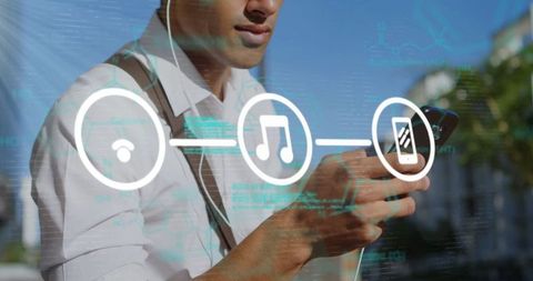 Man Wireless Tunes Smartphone with Digital Connectivity Icons