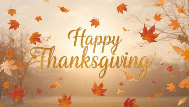 Glowing Gold Happy Thanksgiving Script Drifting Over Misty Autumn With Falling Maple Leaves