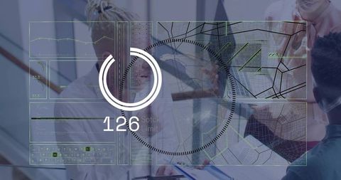 Business team collaborating over futuristic hud analytics and interactive dashboard