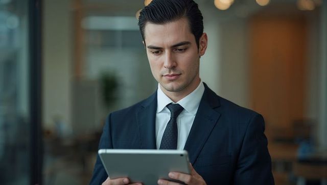 Businessman Holding Tablet in Modern Office Lounge