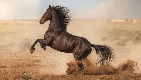 Majestic black horse rearing amidst arid stretch