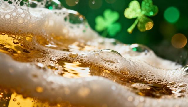 Macro frothy lager surface with golden bubbling foam and shamrock bokeh for st patrick