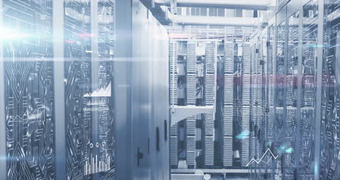 Futuristic Data Center with Digital Information Overlay