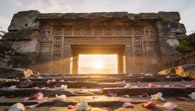 Sunrise through ornate ancient stone gateway with flower petals on weathered steps