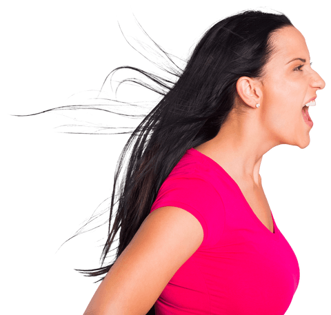 Transparent woman shouting expression in vibrant red t-shirt