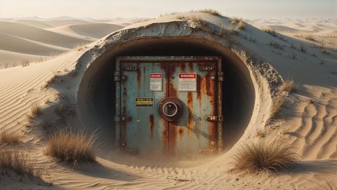 Rusted vault door in desert sand dunes mysterious abandoned entrance after the apocalypse