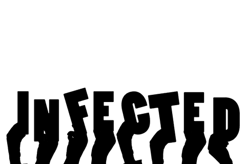 Transparent illustration hands and infected text