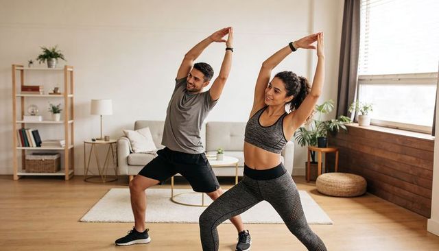Couple stretching together in modern living room doing synchronized home workout for wellness