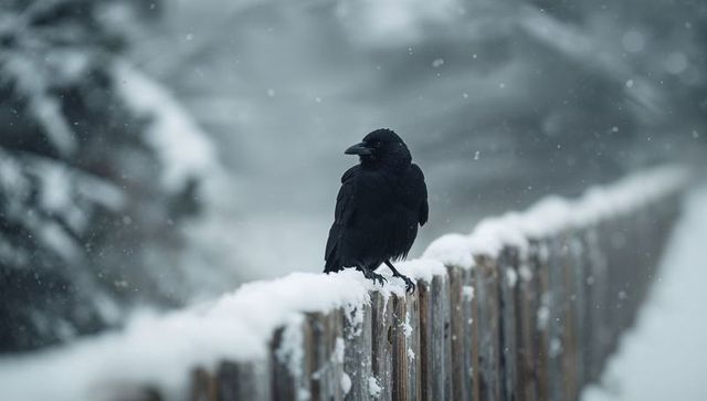 Black crow on snowy fence in winter wonderland