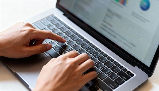 Adult hands typing on laptop keyboard with blurred analytics chart on screen