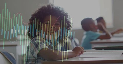 Smiling student learning with educational data overlay in classroom STEM analytics concept