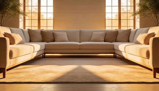 Sunlit l-shaped beige sectional sofa with throw pillows, rug in minimal modern living room