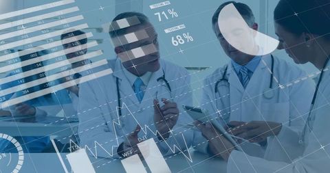 Medical team analyzing digital patient data with tablet and interactive charts