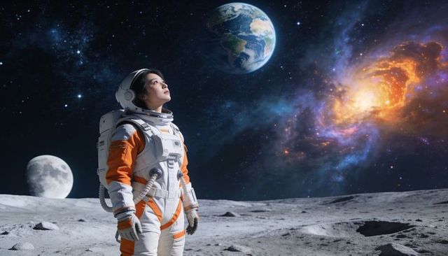 Astronaut Standing on Moon Gazing at Earth and Glowing Nebula Galaxy in Space