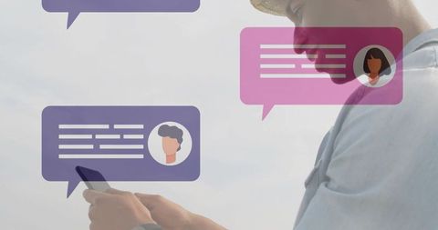 Child engaging with smartphone and chat bubbles in education concept