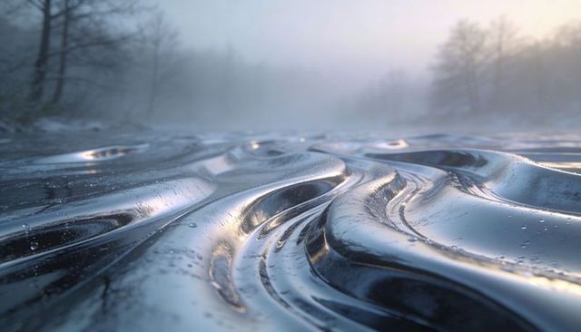 Shimmering metallic ripples flowing across frozen ground toward misty treeline at dawn