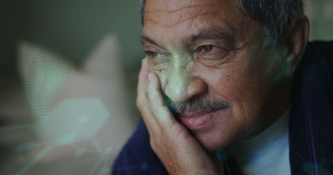 Senior Biracial Man Smiling with Digital Interface Overlay