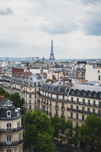 Capturing the iconic skyline of Paris with the Eiffel Tower in the background and traditional Haussmannian buildings in the foreground. Ideal for use in travel brochures, promotional material for tourism, architectural studies, or cultural blogs highlighting French heritage and urban landscapes.