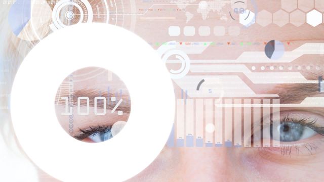 Caucasian woman's eyes with futuristic digital interface overlay, including graphs, data, and global business information. This visual is excellent for illustrating concepts like technology, data analysis, analytics, innovation, and digital transformation. It is ideal for use in business presentations, tech articles, marketing materials, and educational content about data processing and information technology. It emphasizes the integration of human elements with digital data.