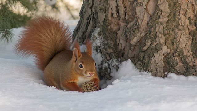 Red squirrel holding pine cone in snow beside tree trunk