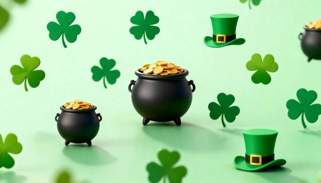 St patrick's day pots of gold overflowing with coins, shamrocks and leprechaun hats