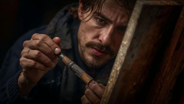 Craftsman examining handcrafted wooden dowel with metal inlay, workshop closeup, textured hands