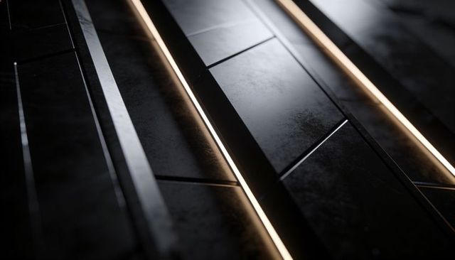 Futuristic matte black panels with recessed warm led seams emphasizing minimal geometry