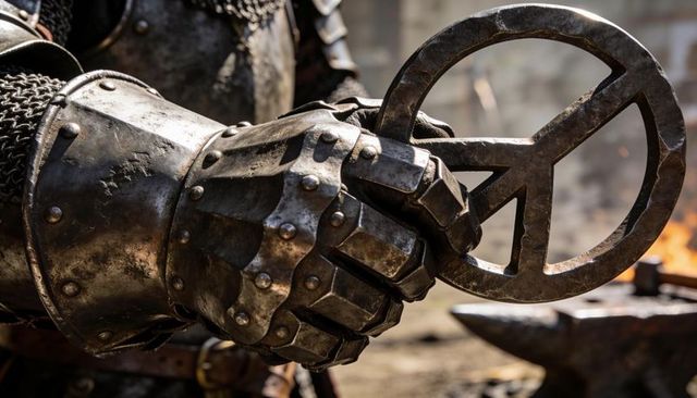 Riveted steel gauntlet gripping forged circular emblem medieval forge weathered armor
