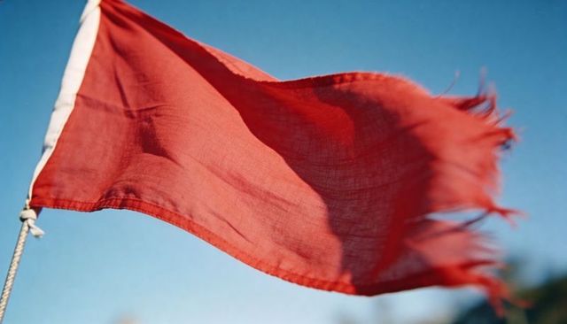 Rippling red flag fluttering on pole with frayed edges against clear blue sky