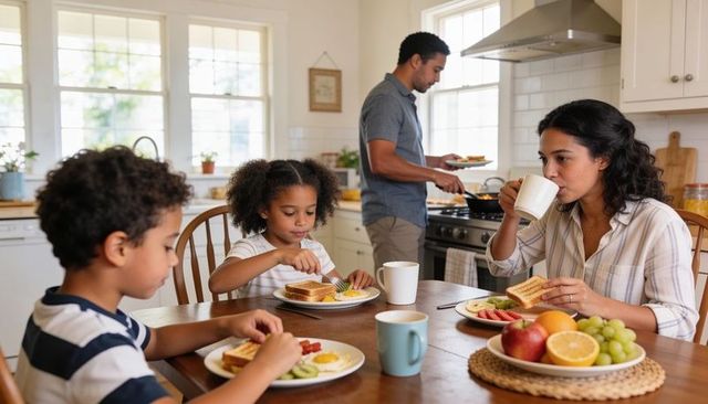 Family enjoying sunny homemade breakfast in cozy kitchen with parents sharing coffee