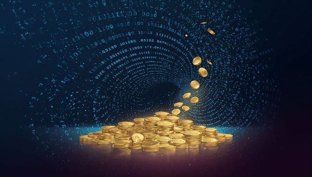 Rotating gold coins streaming into binary vortex representing digital currency flow