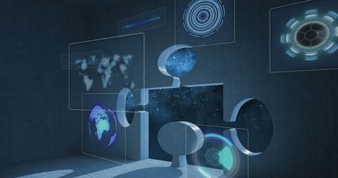 digital illustration shows futuristic interfaces with abstract puzzles and digital world map holograms. suggests innovation and advanced technology, highlighting global connectivity. useful for themes of technology, cybersecurity, and digital network advancements.