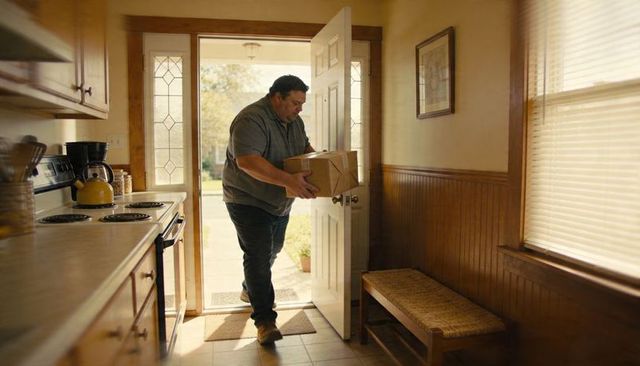 Man carrying delivery parcel through front door into sunlit kitchen entryway