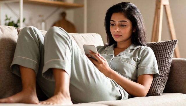 Relaxed woman in light green pajamas using smartphone on cozy beige sofa for downtime