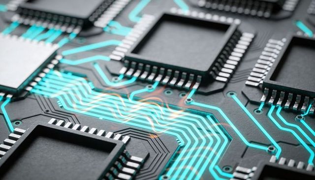 Glowing Teal Circuit Traces Connecting Square SMT Microchips on Dark Printed Circuit Board