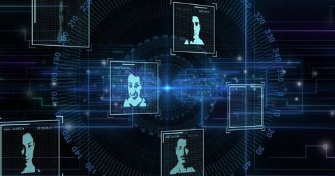 Scanning Futuristic Radar HUD Connecting Biometric Profiles with Neon Data Grid Security