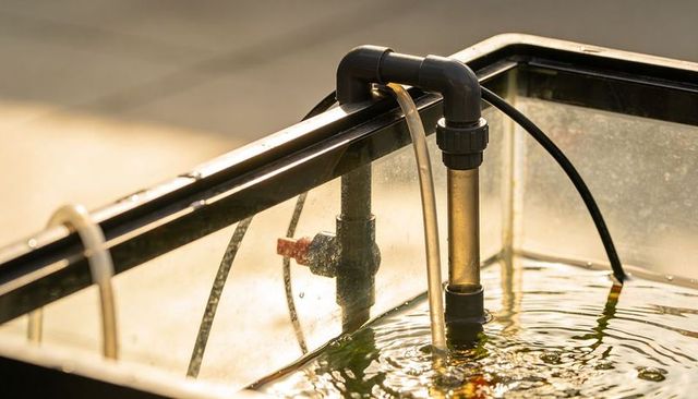 Sunlit aquarium circulation system with pvc elbow, clear tubing and rising water