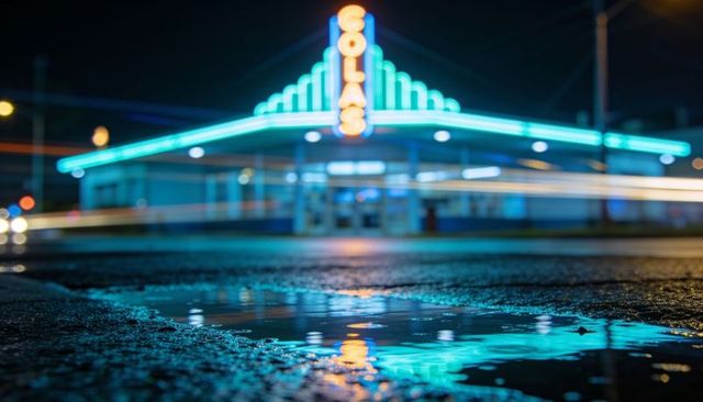 Neon diner reflection on wet asphalt with turquoise light trails and vintage vibe