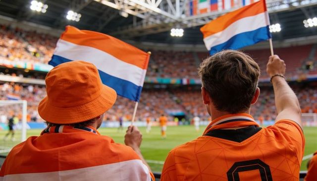 Dutch football fans waving netherlands flags in orange jerseys celebrating in stadium