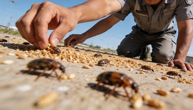 Kneeling pest technician placing grain while monitoring beetle infestation on pavement