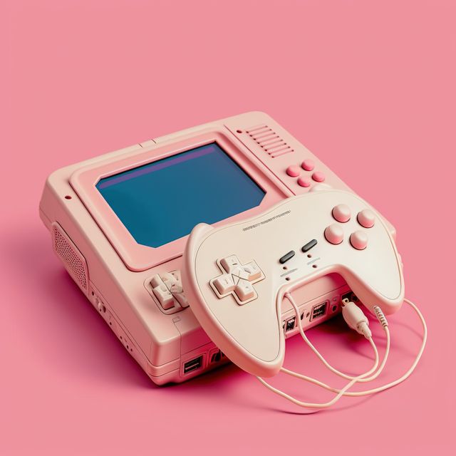 Retro gaming console and pad on pink background, created using generative ai technology. Retro video game and home entertainment concept digitally generated image.