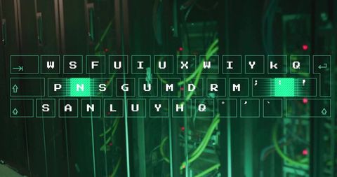 Glowing keyboard over racks in server room highlighting cybersecurity elements
