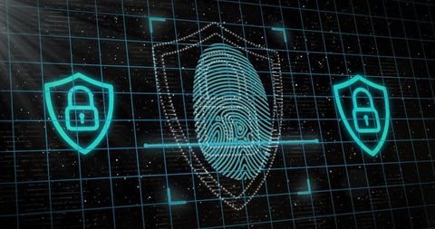 Scanning cyan fingerprint with holographic shield and neon padlocks for biometric security