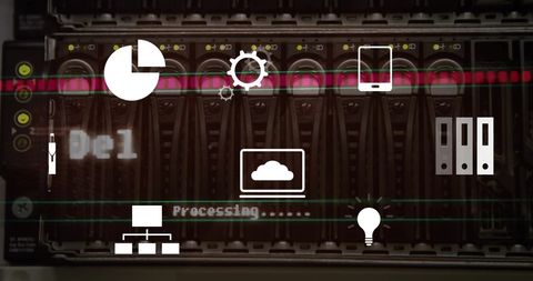 Digital business icons overlay on computer servers for data processing