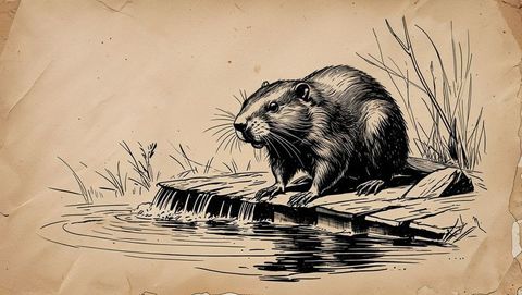 Beaver-like rodent near pond with rippling water in monochrome illustration