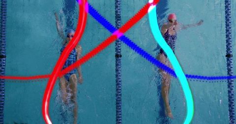 Dynamic backstroke swimming with luminous neon trails
