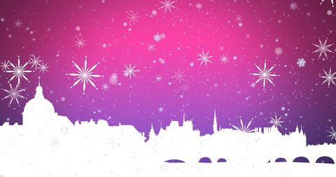 Winter Cityscape Silhouette with Falling Snowflakes on Pink Gradient