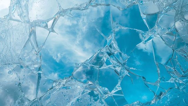 Shattered Glass Pane Revealing Blue Sky with Radial Cracks, Droplets, Frost and Refraction