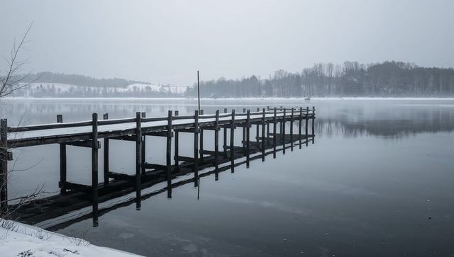 Winter wooden pier extending into misty frozen lake with snowy posts and reflections